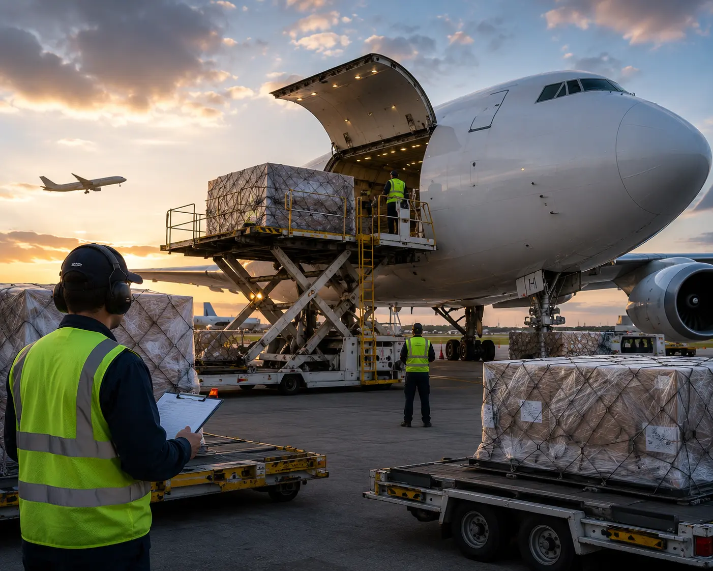 Palletised cargo being loaded onto an aircraft