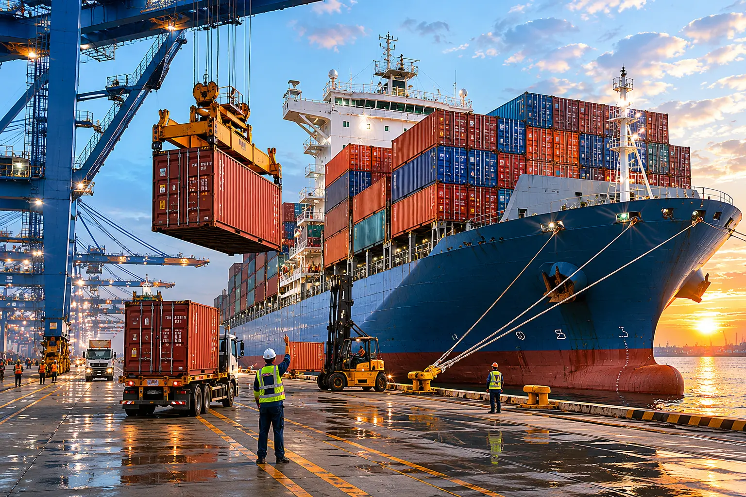 Container vessel and cargo handling at a commercial port
