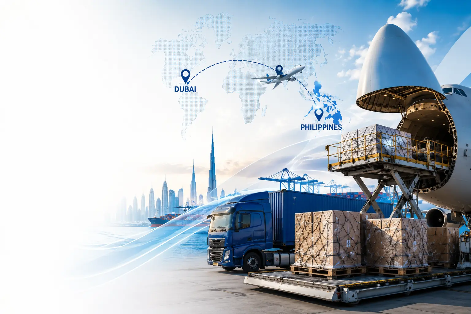 Commercial cargo route from Dubai to the Philippines